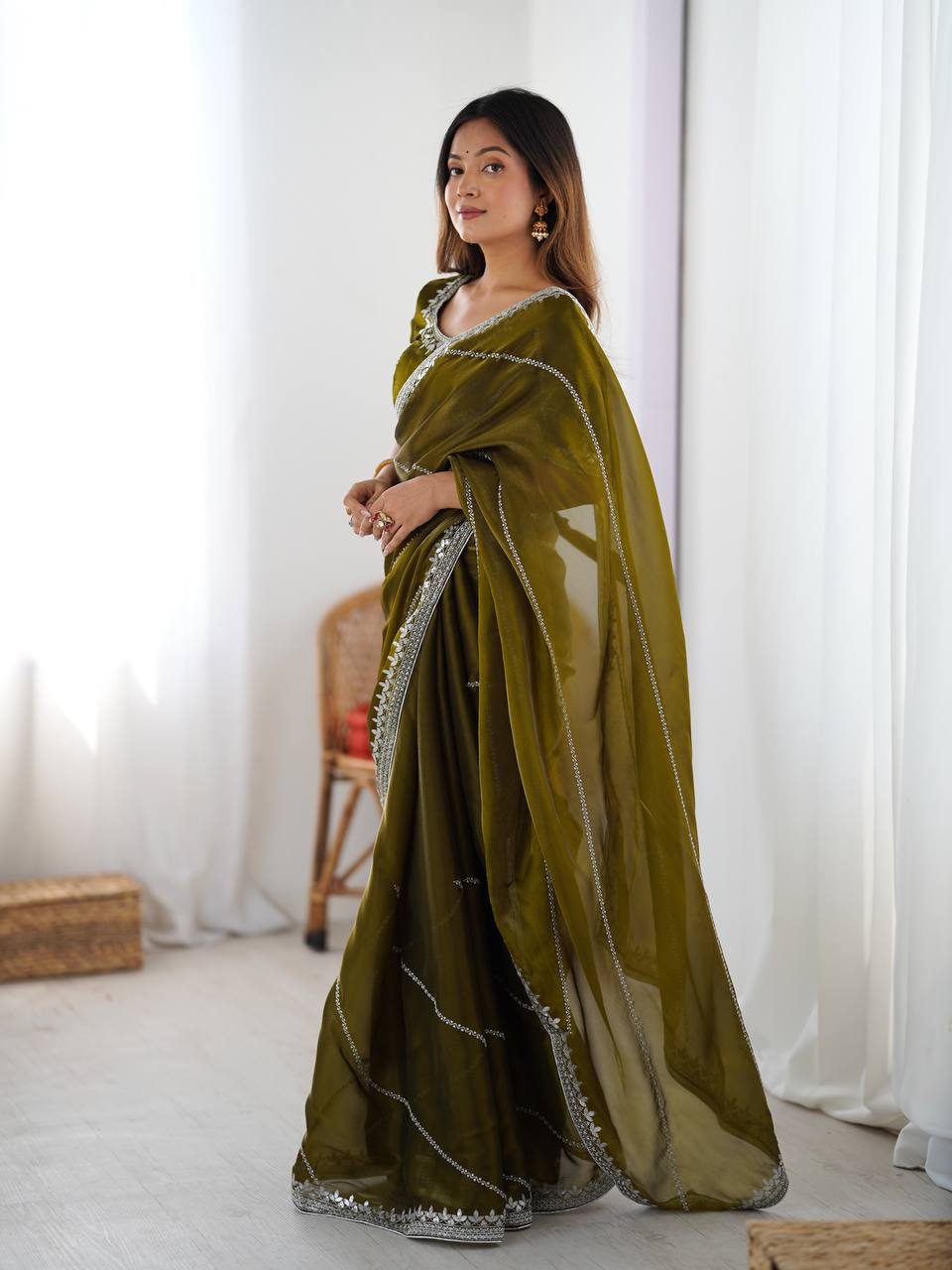 Mehndi Thread and Sequins Organza Silk Ready-to-Wear Saree