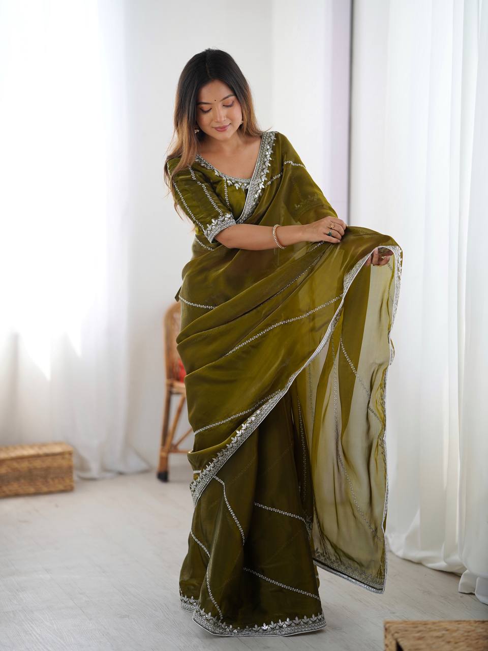 Mehndi Thread and Sequins Organza Silk Ready-to-Wear Saree