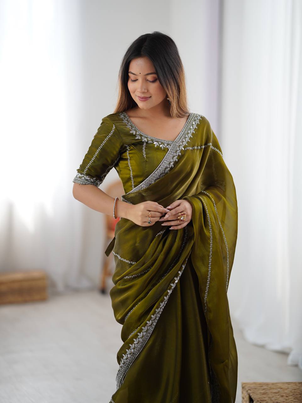 Mehndi Thread and Sequins Organza Silk Ready-to-Wear Saree
