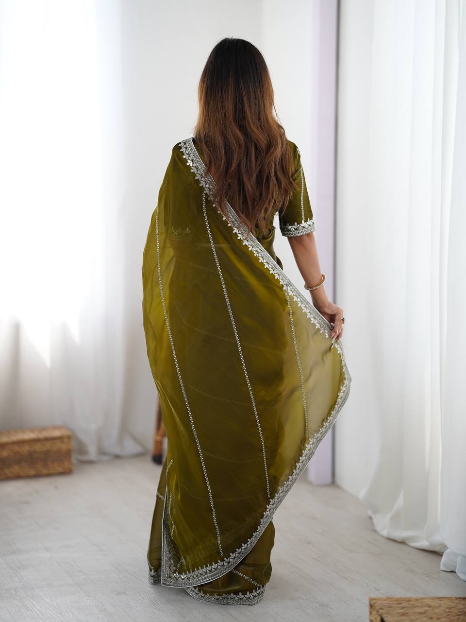 Mehndi Thread and Sequins Organza Silk Ready-to-Wear Saree