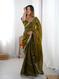 Mehndi color organza silk saree with sequin and thread embroidery