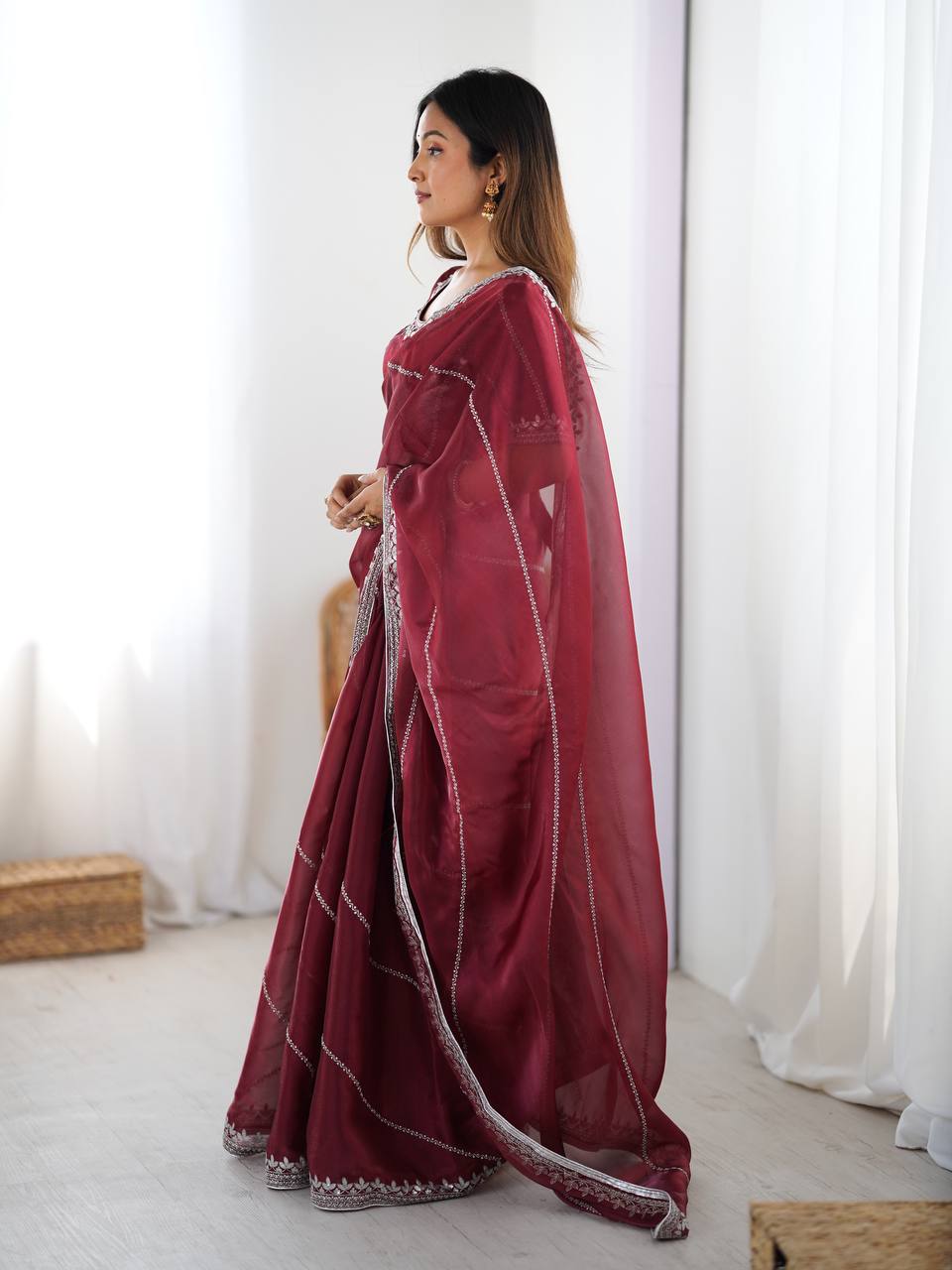 Maroon Organza Silk Party Wear Saree with Thread Sequence Work