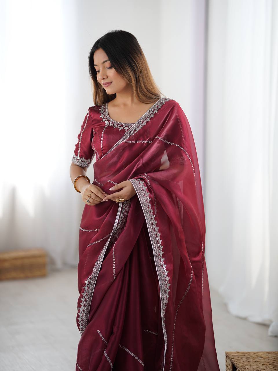 Maroon Organza Silk Party Wear Saree with Thread Sequence Work