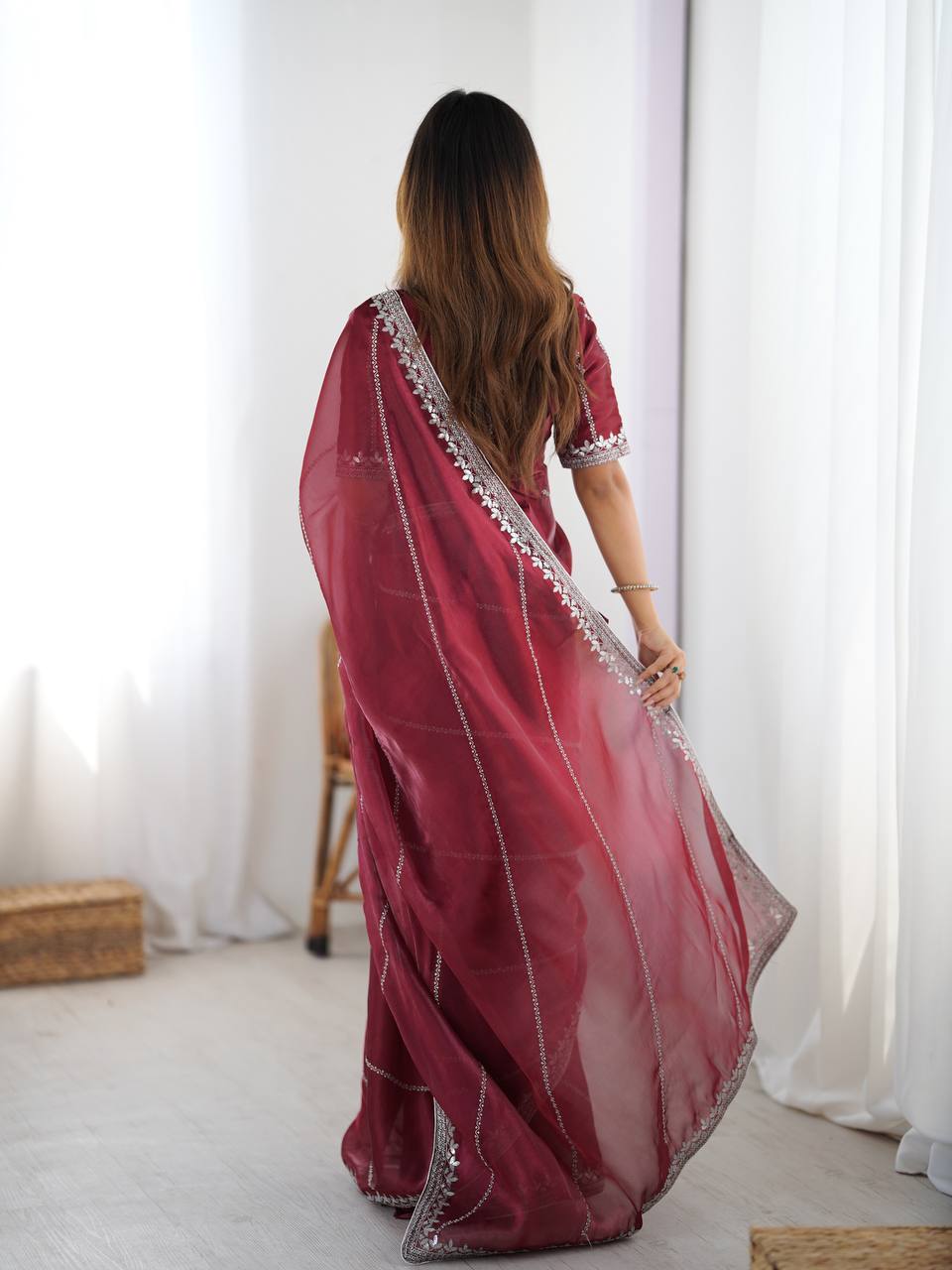 Maroon Organza Silk Party Wear Saree with Thread Sequence Work