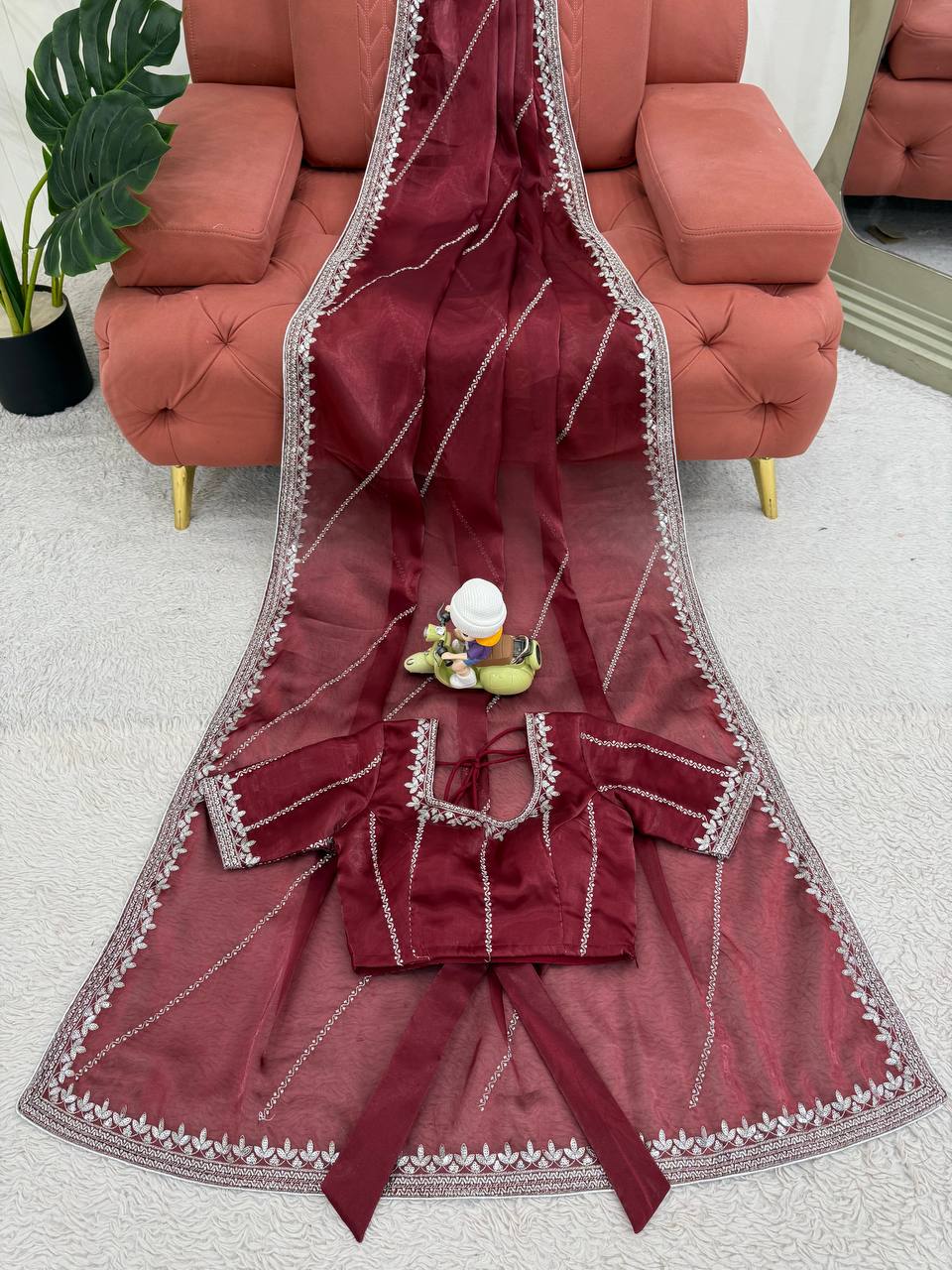 Maroon Organza Silk Party Wear Saree with Thread Sequence Work