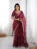 Maroon Organza Silk Party Wear Saree with Thread Sequence Work