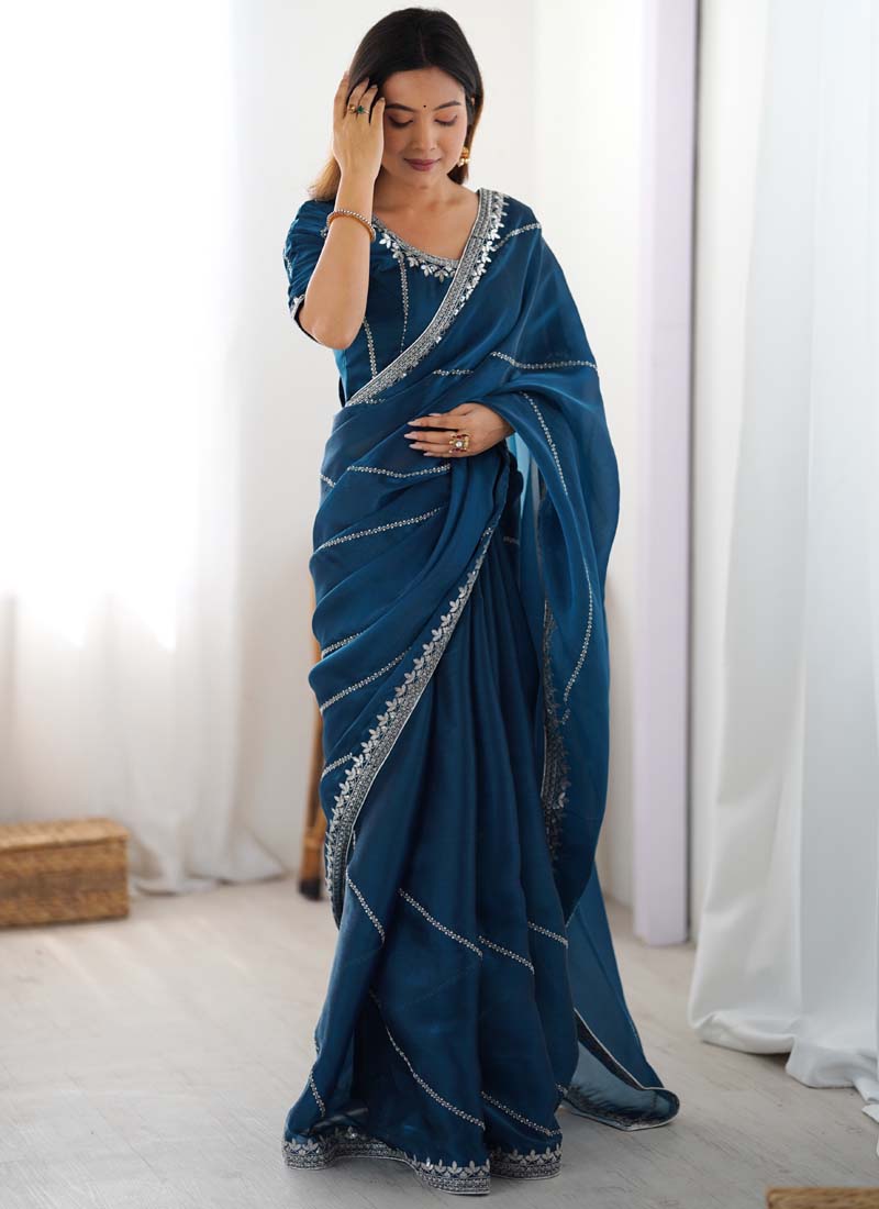 Rama Organza Silk Saree with Sequin and Thread Detail