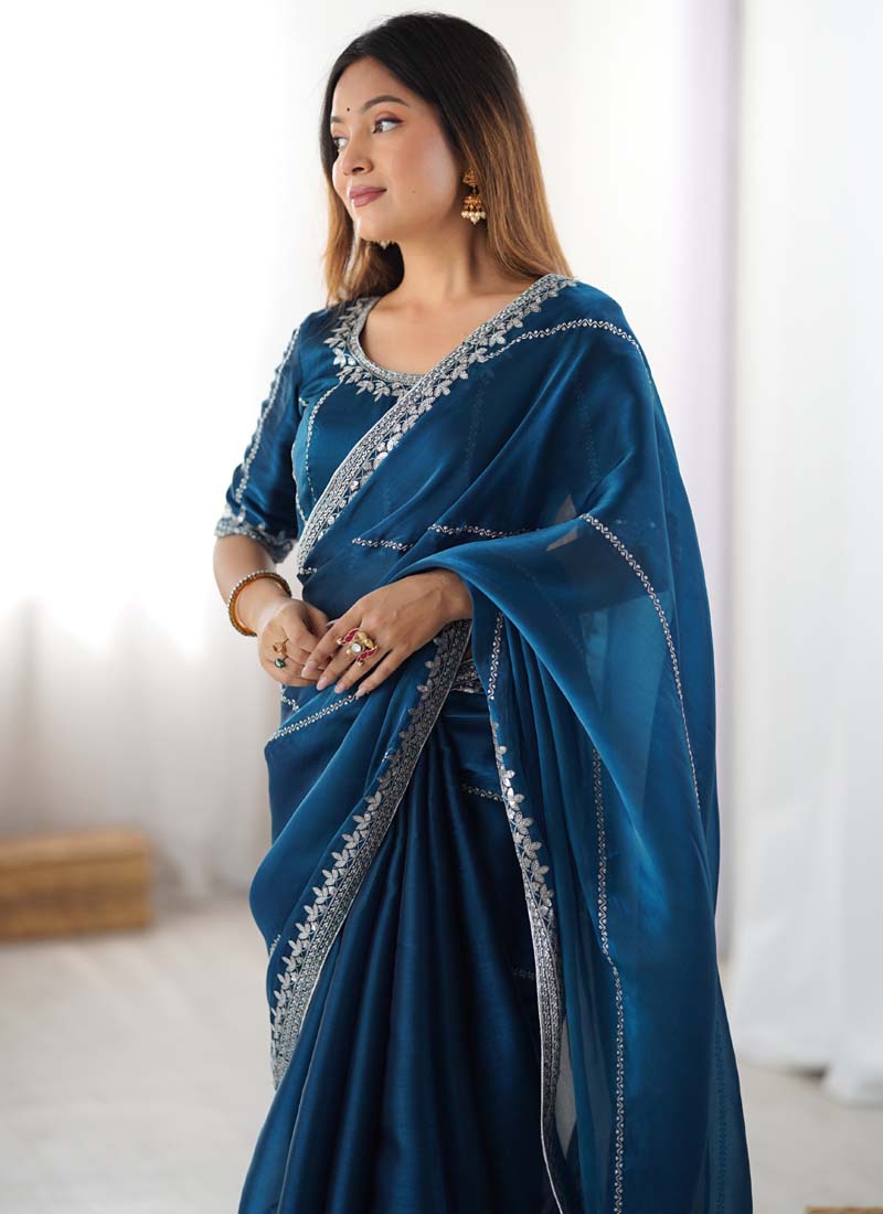 Rama Organza Silk Saree with Sequin and Thread Detail