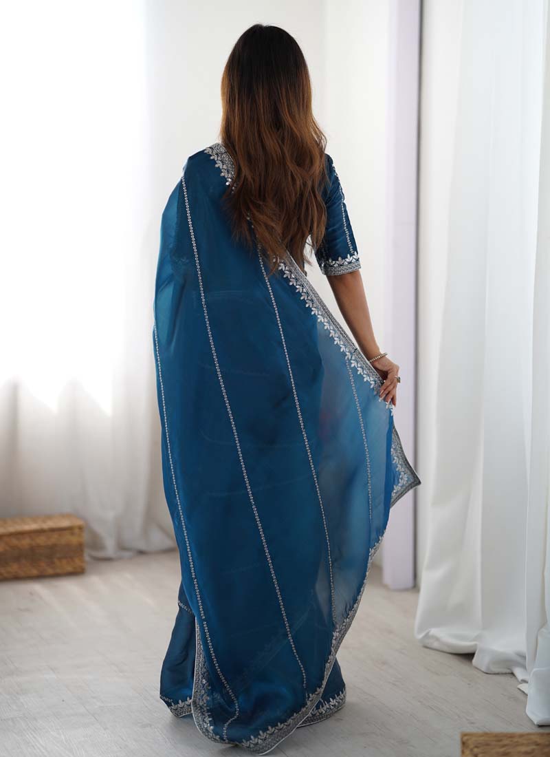 Rama Organza Silk Saree with Sequin and Thread Detail