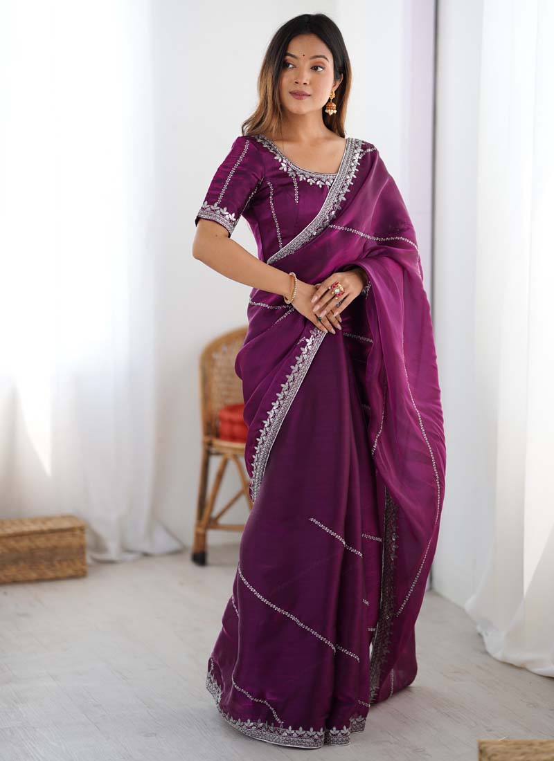 Wine Organza Silk Saree with Thread and Sequin Work