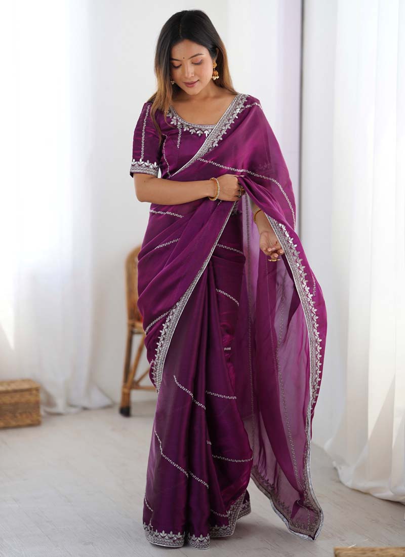 Wine colored organza silk saree with thread and sequin detailing