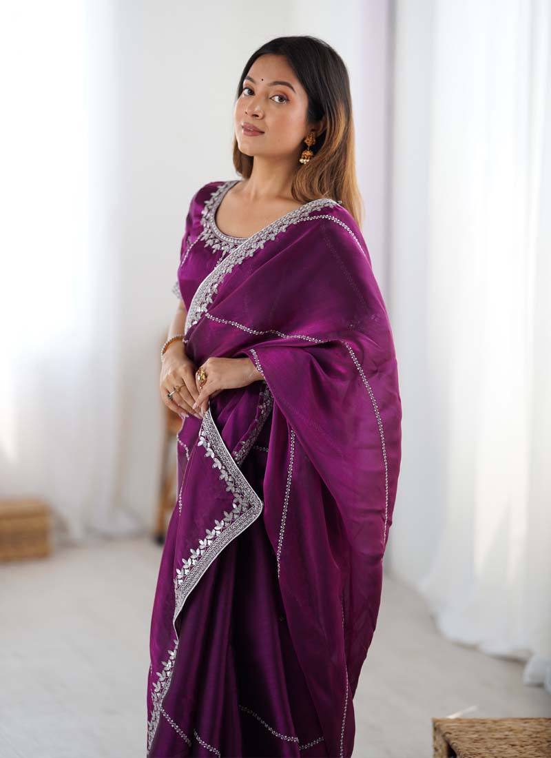 Wine Organza Silk Saree with Thread and Sequin Work