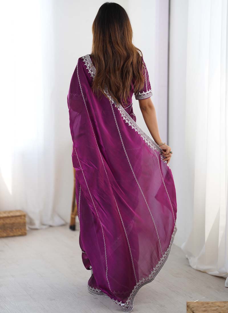 Wine Organza Silk Saree with Thread and Sequin Work