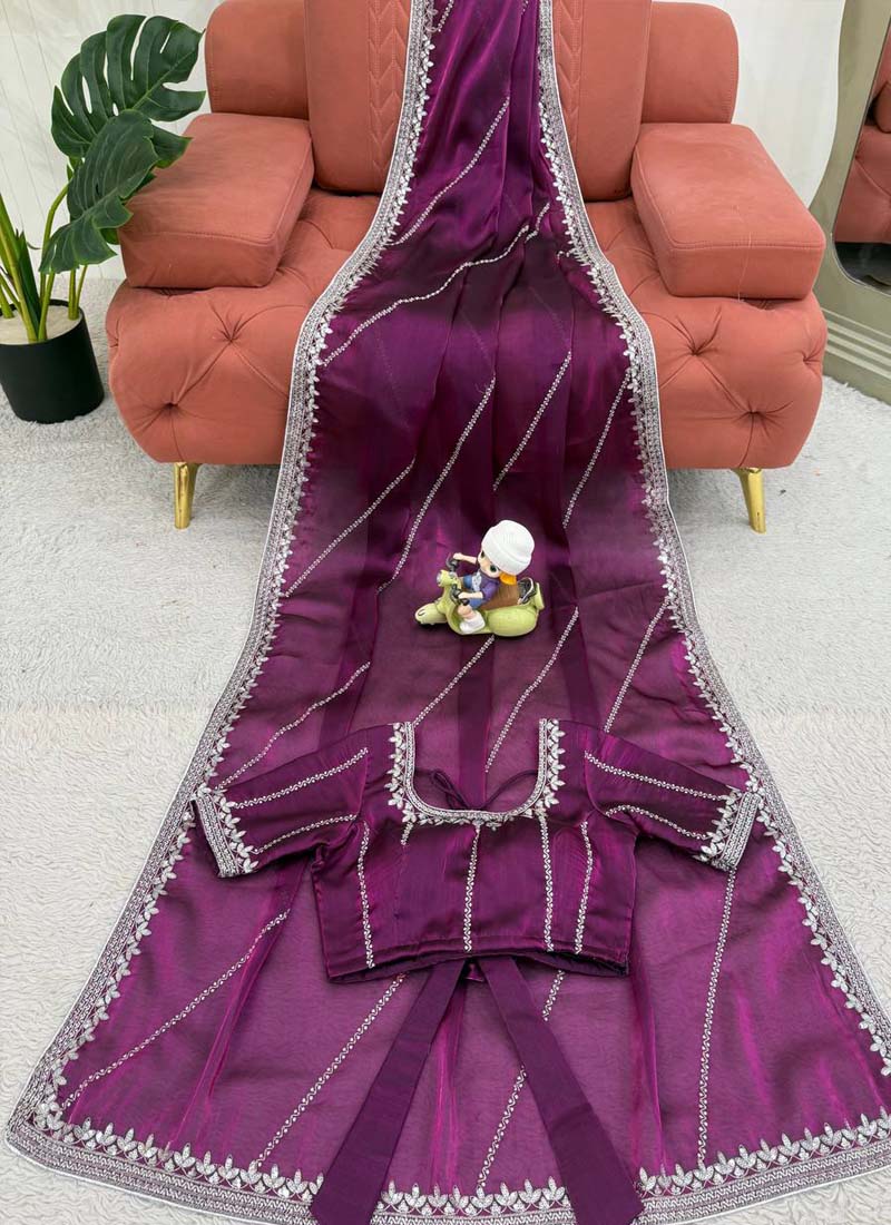 Wine Organza Silk Saree with Thread and Sequin Work