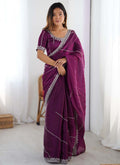 Wine Organza Silk Saree with Thread and Sequin Work