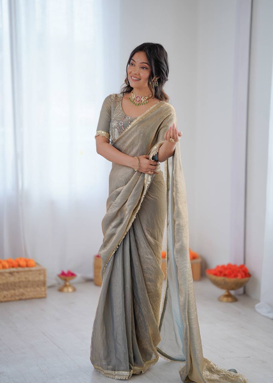 Light Grey Golden Shaded Fendi Silk Ready to Wear Saree