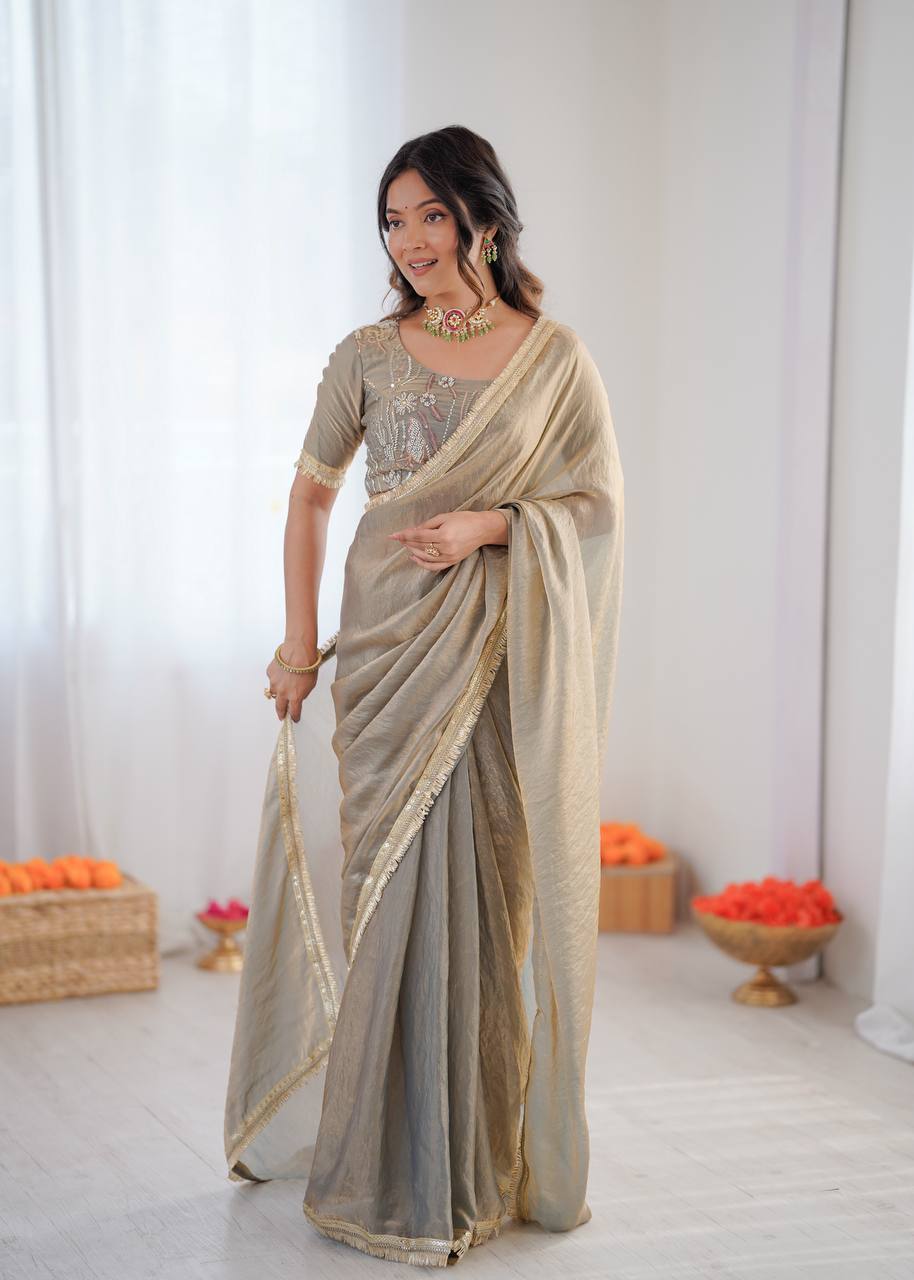 Light Grey Golden Shaded Fendi Silk Ready to Wear Saree