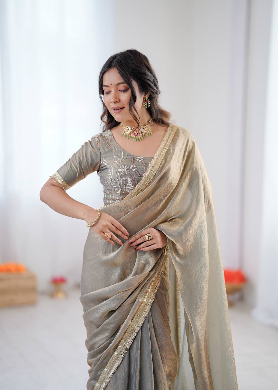 Light Grey Golden Shaded Fendi Silk Ready to Wear Saree
