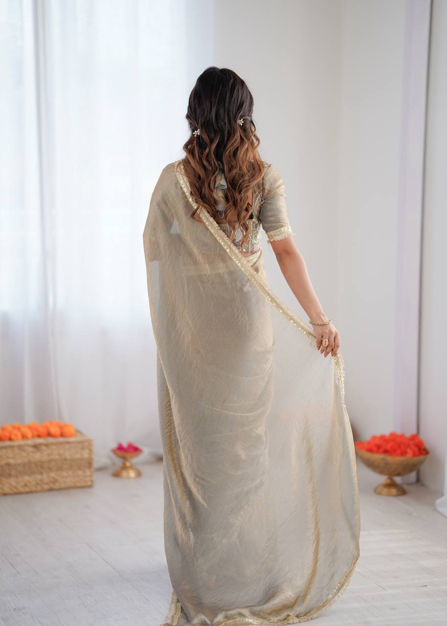 Light Grey Golden Shaded Fendi Silk Ready to Wear Saree