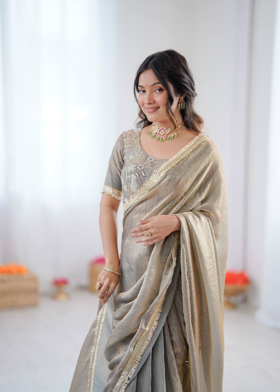 Light Grey Golden Shaded Fendi Silk Ready to Wear Saree