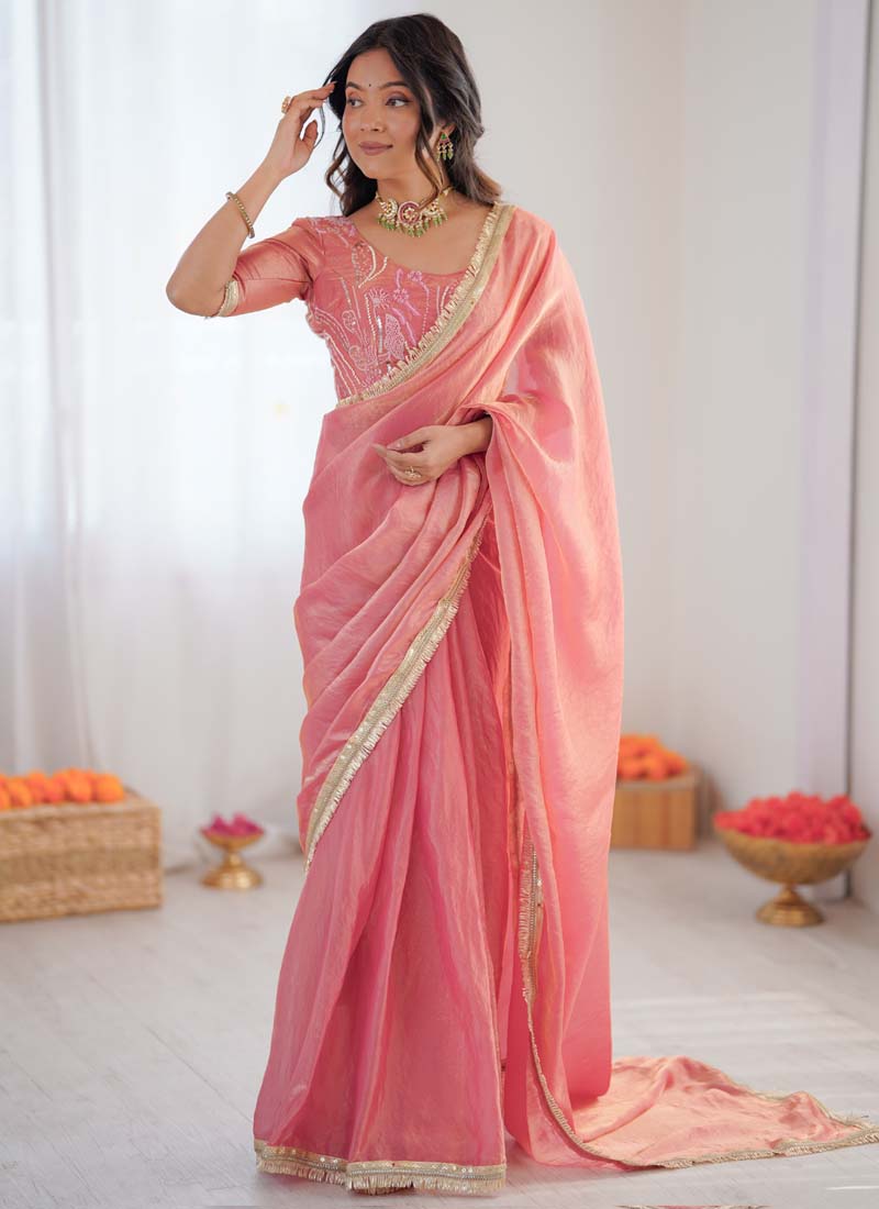 Peach Golden Shaded Fendi Silk Ready-To-Wear Saree