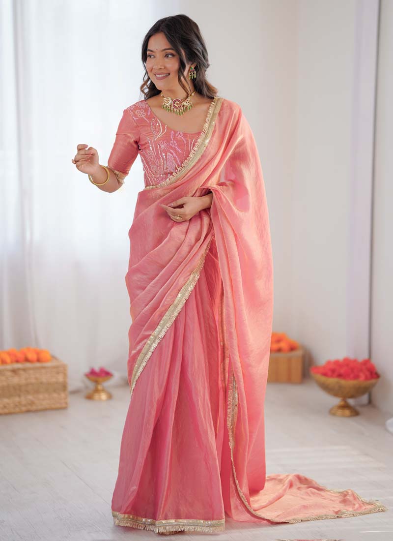Peach Golden Shaded Fendi Silk Ready-To-Wear Saree