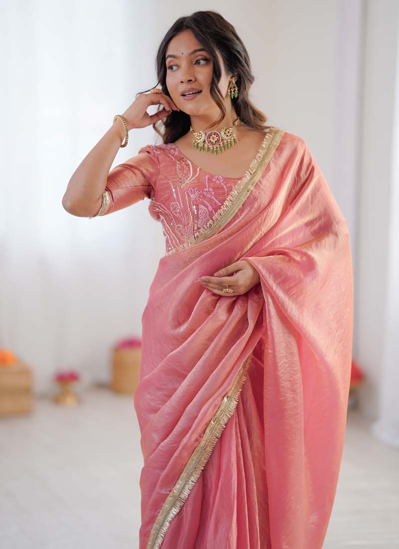 Peach Golden Shaded Fendi Silk Ready-To-Wear Saree
