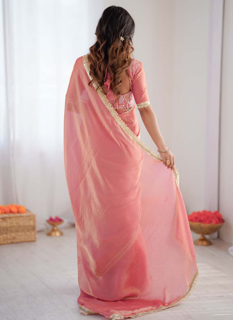 Peach Golden Shaded Fendi Silk Ready-To-Wear Saree