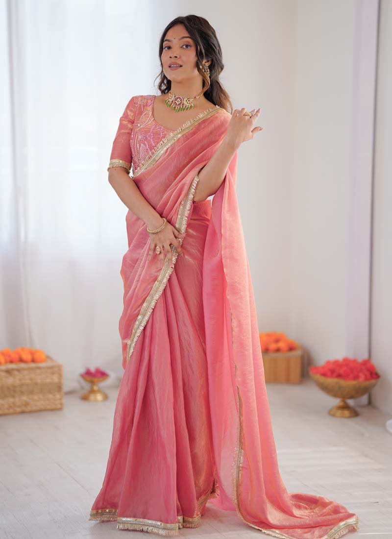 Peach and golden shaded Fendi silk ready-to-wear saree for formal events.