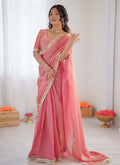 Peach and golden shaded Fendi silk ready-to-wear saree for formal events.