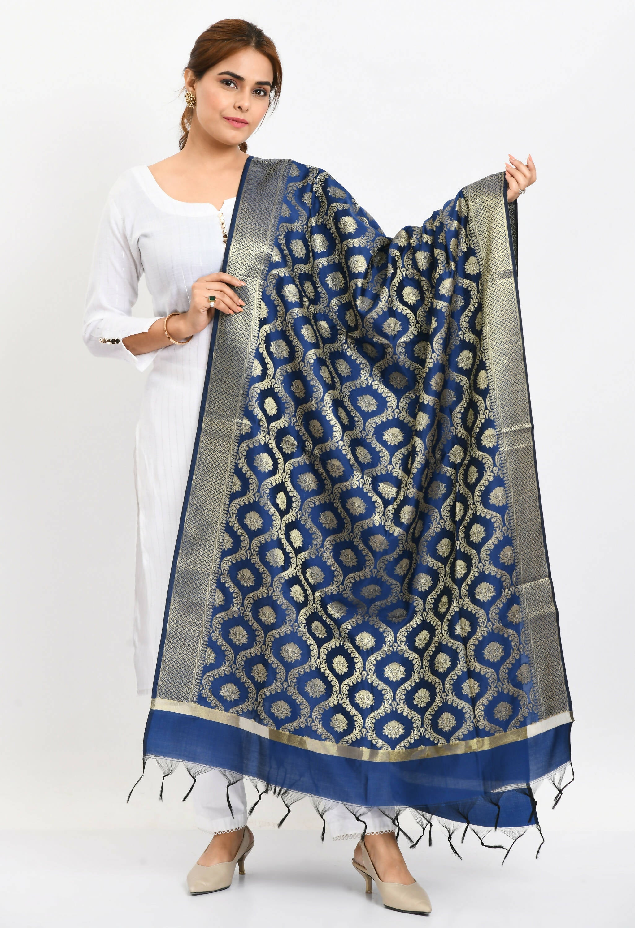 Deep navy blue Banarsi silk dupatta with traditional woven patterns