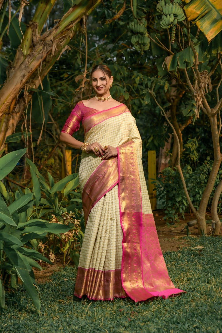 Off White Kanjivaram Silk Saree with Zari work and pink blouse