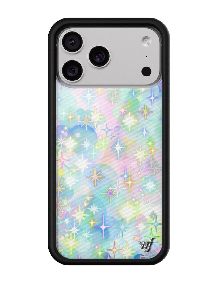 Sparkle City iPhone case with a pastel star pattern and black protective bumper