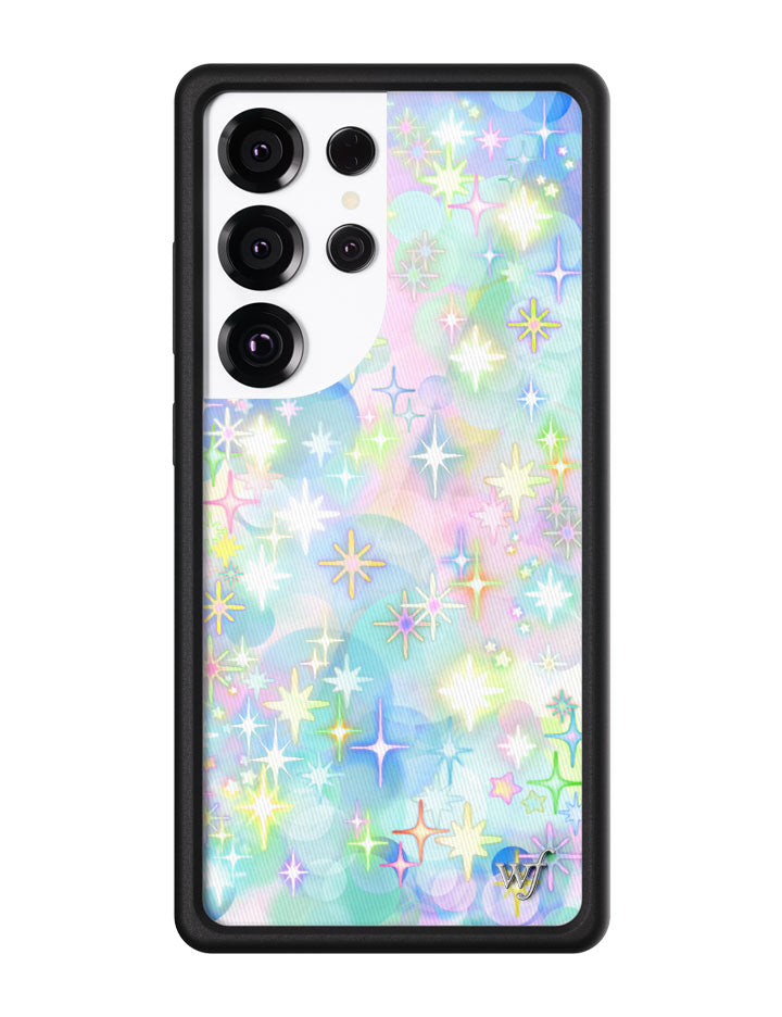 Samsung Galaxy phone case with a pastel star and bokeh light pattern, framed by a durable black rubber bumper.