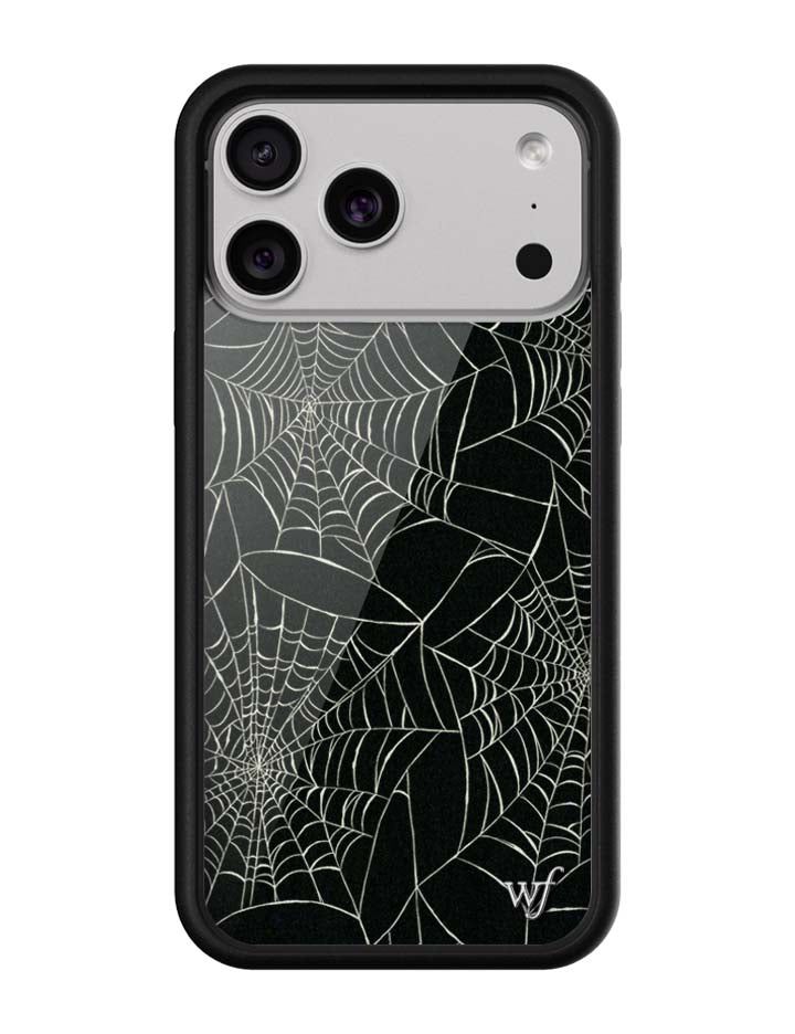 Itsy Bitsy Spider iPhone case featuring a white web pattern on a black background