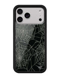 Itsy Bitsy Spider iPhone case featuring a white web pattern on a black background