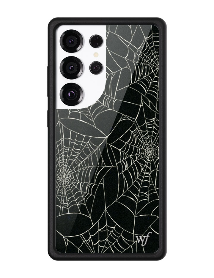 Itsy Bitsy Spider web design Samsung Galaxy phone case in black with white web patterns