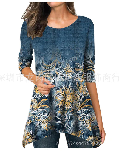 Women's Round Neck Floral Print Tunic Top with Asymmetrical Hem