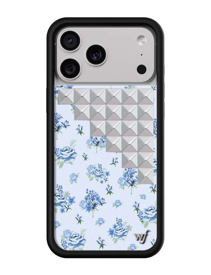 Forget Me Not floral patterned iPhone case with silver stud accents on a powder blue background.