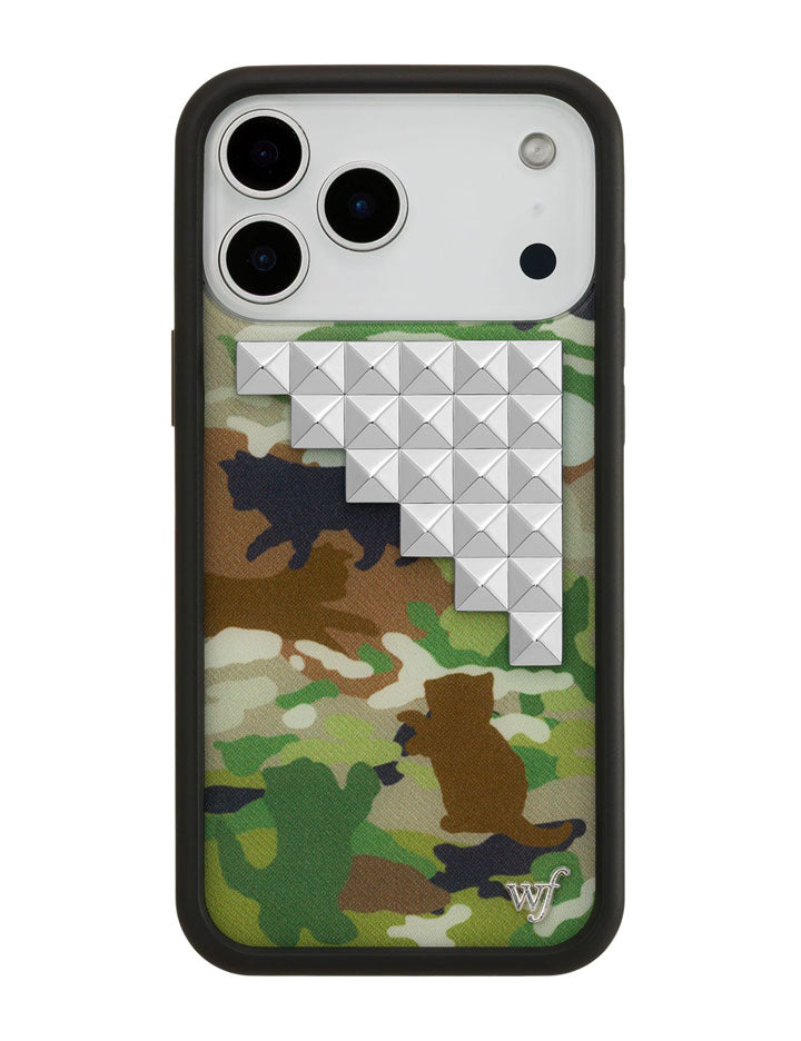 Close up of an iPhone case with a green cat camouflage pattern and silver studs on a black rubber protective frame.