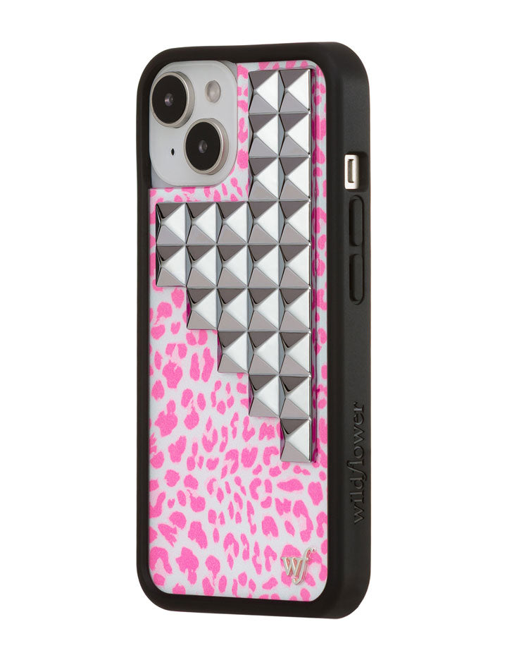 Pink Meow Stud iPhone Case with Leopard Print and Silver Details