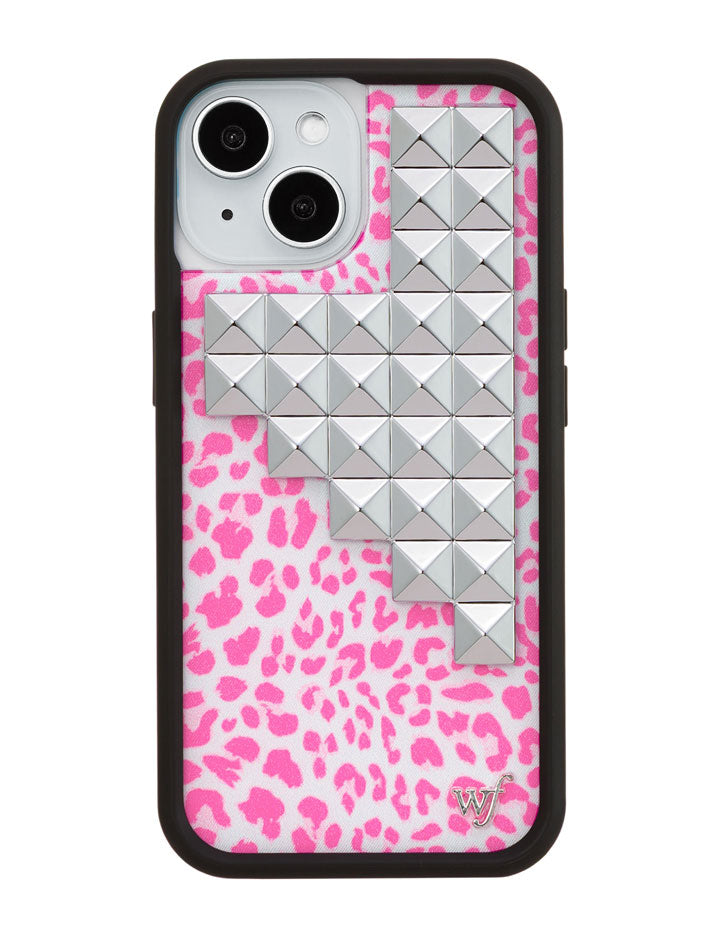 Pink Meow Stud iPhone Case with Leopard Print and Silver Details