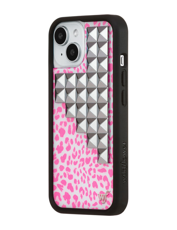 Pink Meow Stud iPhone Case with Leopard Print and Silver Details