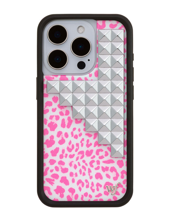 Pink Meow Stud iPhone Case with Leopard Print and Silver Details