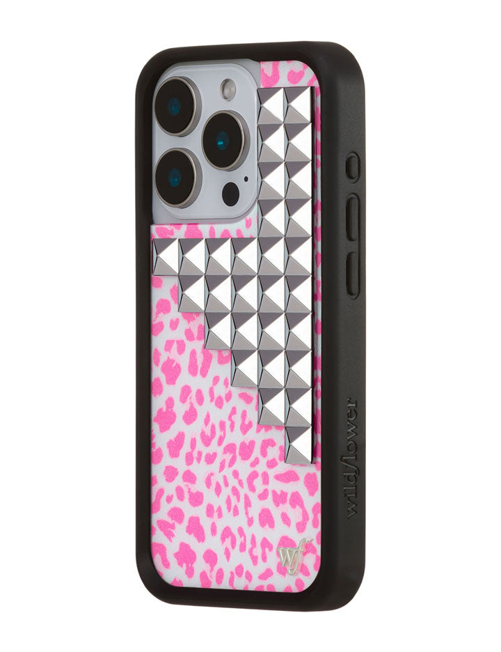 Pink Meow Stud iPhone Case with Leopard Print and Silver Details