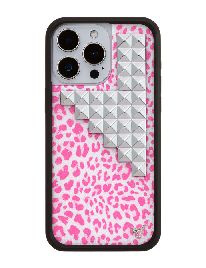 Pink Meow Stud iPhone Case with Leopard Print and Silver Details