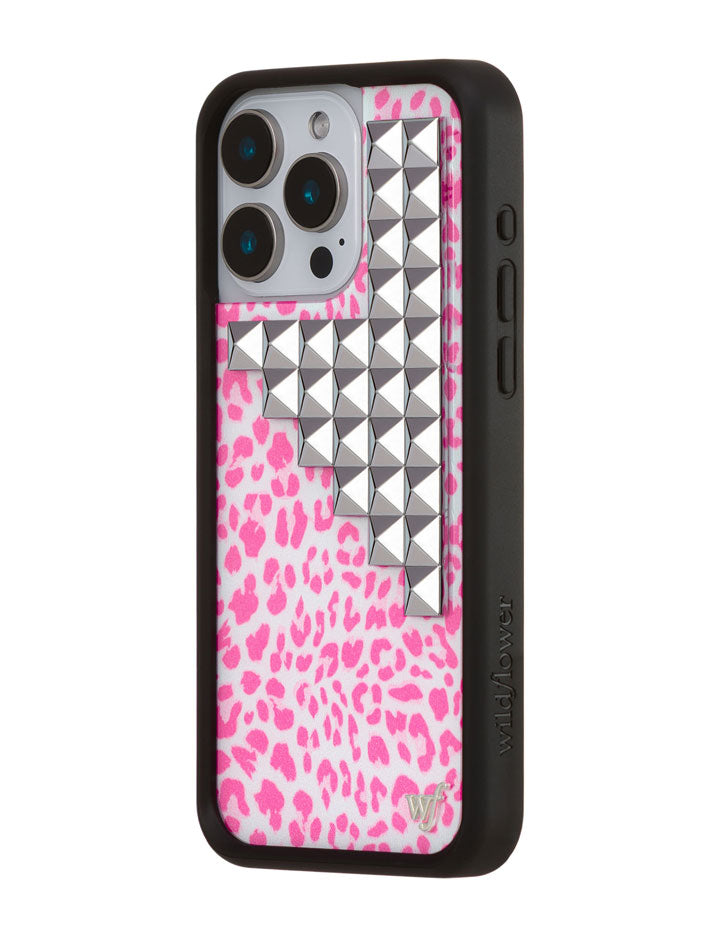 Pink Meow Stud iPhone Case with Leopard Print and Silver Details