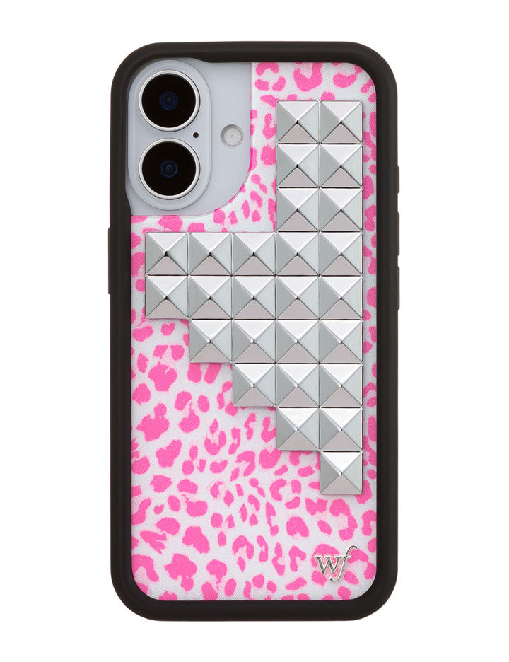 Pink Meow Stud iPhone Case with Leopard Print and Silver Details