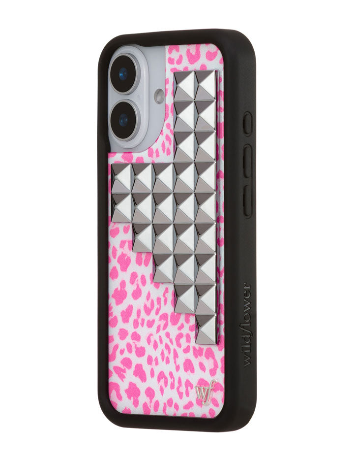 Pink Meow Stud iPhone Case with Leopard Print and Silver Details