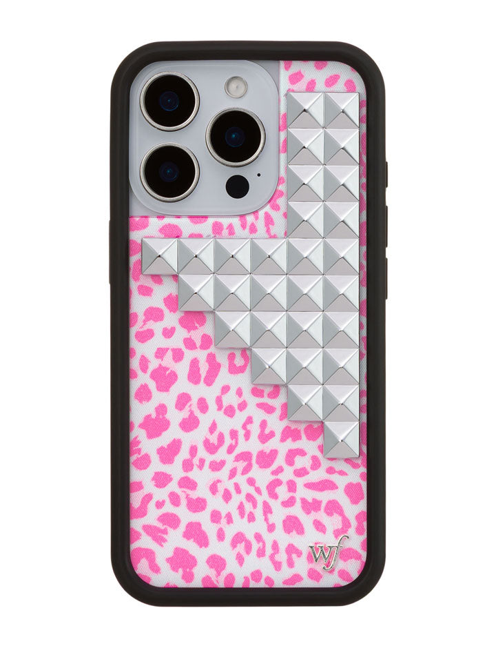 Pink Meow Stud iPhone Case with Leopard Print and Silver Details